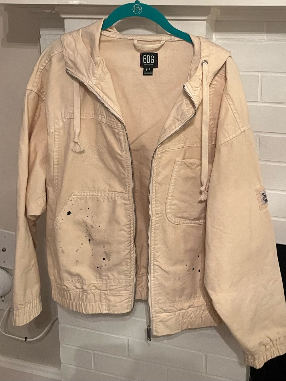 BDG Cream Zip-Up Hooded Jacket with Subtle Paint Speckle